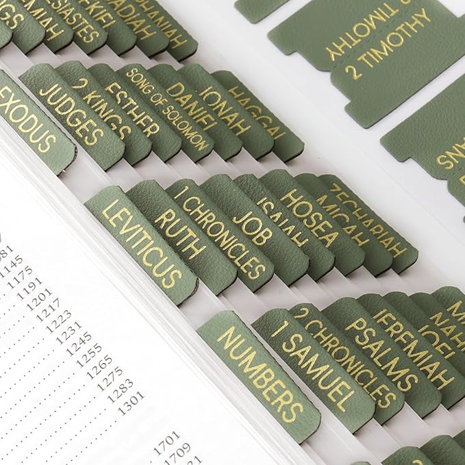XKDOUS Green Leather Bible Tabs, Gold Foil Bible Tabs